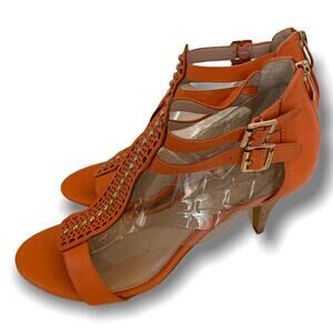 9.5M Vince Camuto Coral Leather "Mayler" 3" Heeled Sandals Rivets